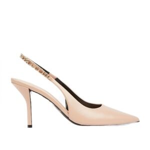 GUCCI SIGNORIA Nude Pointed-Toe Slingback Pump with Gold Chain Accent